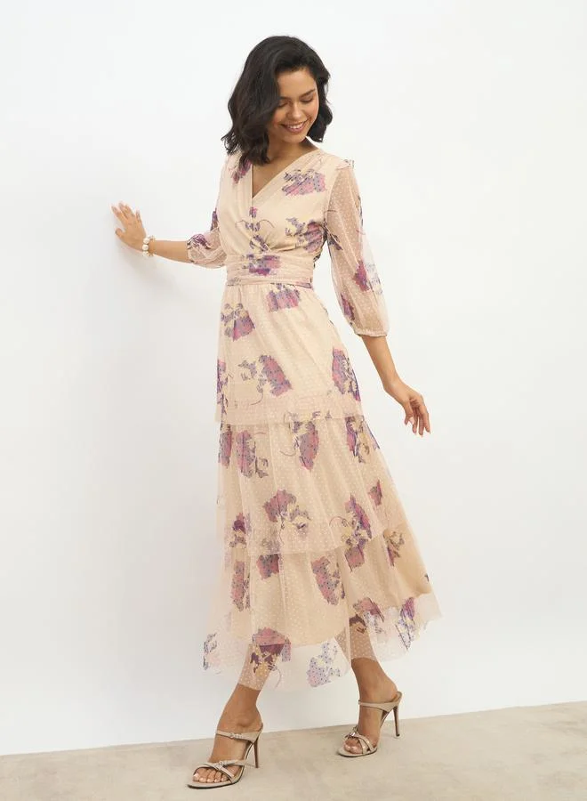 Styli Styli All-Over Floral Print V Neck Tiered Maxi Dress