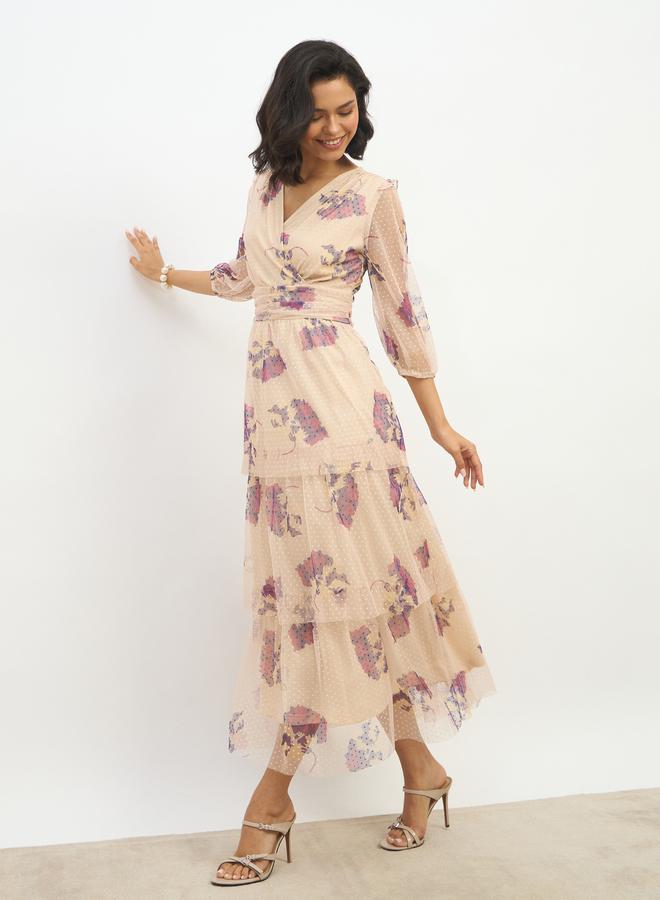 Styli All-Over Floral Print V Neck Tiered Maxi Dress - Image 1