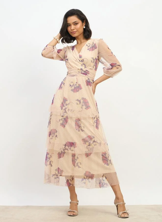 Styli Styli All-Over Floral Print V Neck Tiered Maxi Dress