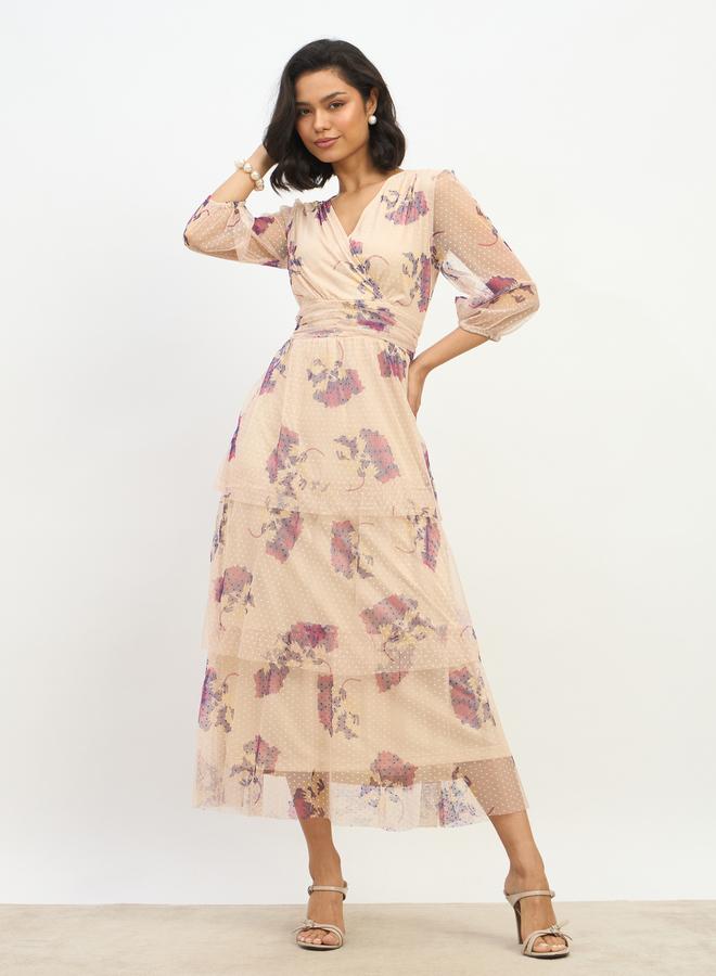 Styli All-Over Floral Print V Neck Tiered Maxi Dress - Image 2