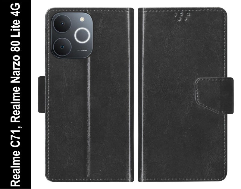 SBMS Flip Cover for Realme C71 / Realme Narzo 80 Lite 4G Back Cover Case with Magnatic Closure | Genuine Leather Finish | Inbuilt Stand | Card & Money Pocket | Wallet Style Flip Back Case (Black) - Image 2