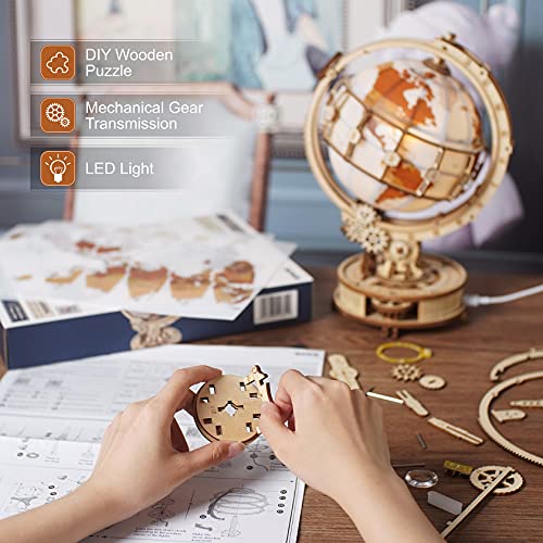 ROBOTIME 3D Wooden Puzzle for Adults- Luminous Globe ST003 - Wooden 3D Puzzles for Adults with LED Light - Globe Model Building Kit for Teens & Adults - Image 3
