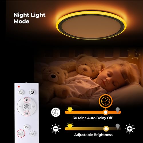 BLNAN 13in LED Flush Mount Ceiling Light Fixture with Remote Control, Dimmable Night Light 2000K, 3000K-6500K 24W Wired Low Profile Light for Bedroom, Kitchen, Living Room, Round Black - Image 4