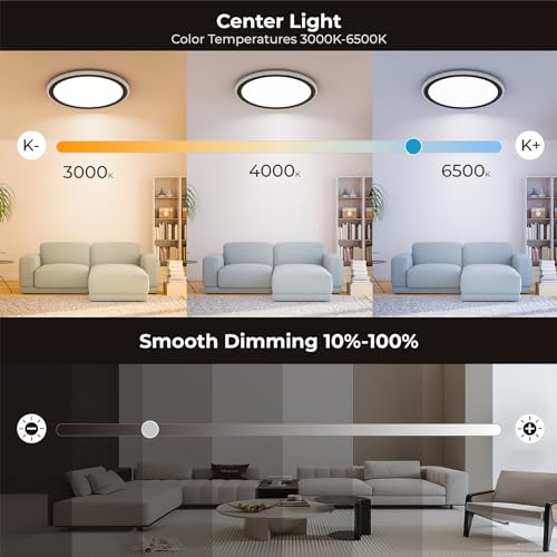 BLNAN 13in LED Flush Mount Ceiling Light Fixture with Remote Control, Dimmable Night Light 2000K, 3000K-6500K 24W Wired Low Profile Light for Bedroom, Kitchen, Living Room, Round Black - Image 3