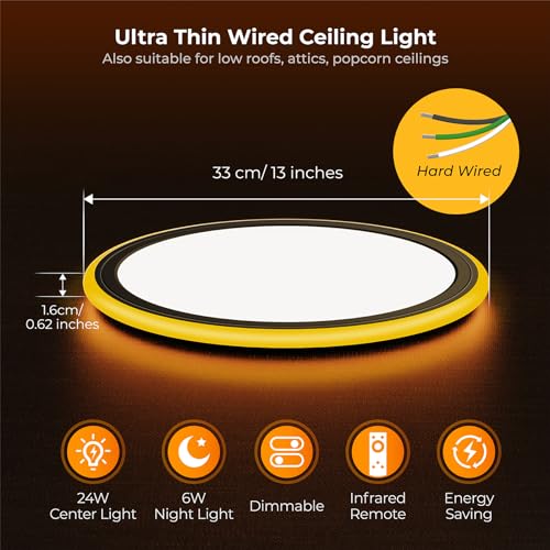 BLNAN 13in LED Flush Mount Ceiling Light Fixture with Remote Control, Dimmable Night Light 2000K, 3000K-6500K 24W Wired Low Profile Light for Bedroom, Kitchen, Living Room, Round Black - Image 5