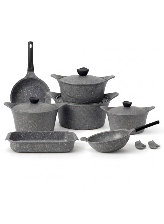 جلوري طقم أواني طهي من الجرانيت الفاخر مكون من 15 قطعة (قدر (18 + 20 + 24 + 28) + فرن مستطيل 40 + مقلاة 24 + مقلاة ووك 28 + 4 مقابض سيليكون رمادية) - Image 1