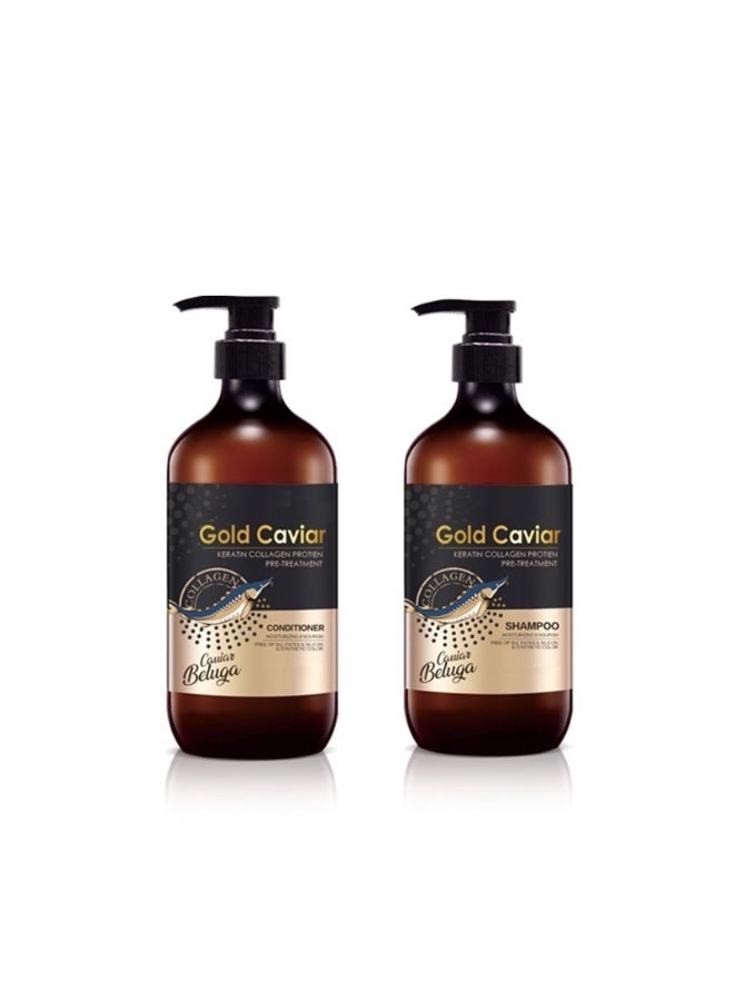 بلسم وشامبو ومصل للشعر قبل المعالجة بالكافيار الذهبي، الكيراتين المغذي، بروتين الكولاجين، لجميع أنواع الشعر (مجموعة من 3 قطع) - Image 2