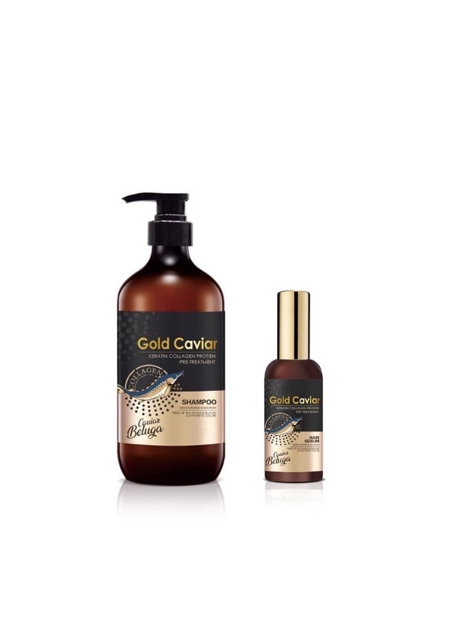 بلسم وشامبو ومصل للشعر قبل المعالجة بالكافيار الذهبي، الكيراتين المغذي، بروتين الكولاجين، لجميع أنواع الشعر (مجموعة من 3 قطع) - Image 4