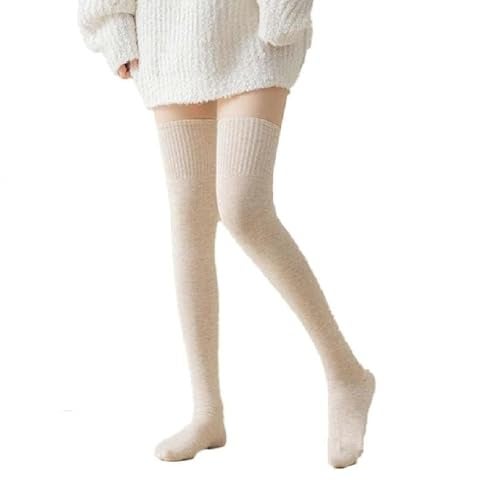 AVNISH Thigh High Socks for Women - Fluffy Over Knee Fuzzy Warm Extra Long Soft Compression Leg Stocking Casual Warmers Warm Thermal Wool Over Knee Winter Socks, Stretchy Cotton Blend Socks (Beige) - Image 1