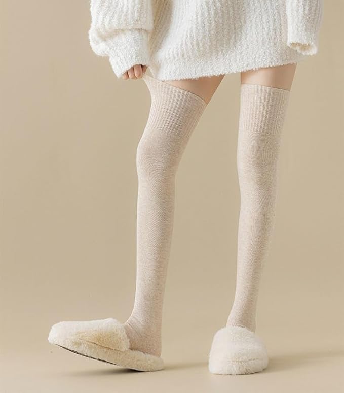 AVNISH Thigh High Socks for Women - Fluffy Over Knee Fuzzy Warm Extra Long Soft Compression Leg Stocking Casual Warmers Warm Thermal Wool Over Knee Winter Socks, Stretchy Cotton Blend Socks (Beige) - Image 3