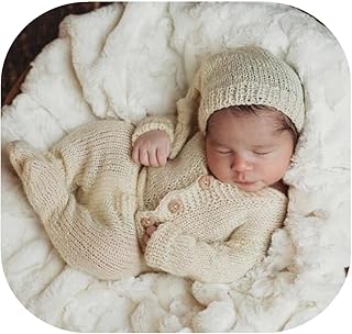 Vemonllas Vemonllas Newborn Photography Prop Baby Boys Girls Photoshoot Outfits Newborn Photo Knitted Romper Sleepy Hat Picture  - Image 1