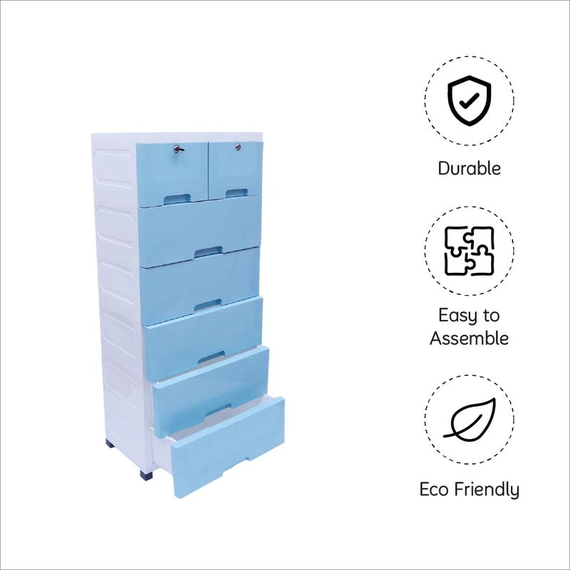 The Tickle Toe Plastic Chest of Drawer For Kids With 7 DrawersMultipurpose Organizer For Boys In Blue ThemeDresser Storage For Small Clothing Toys With 2 LocksL51xW33xH121CmBlue glossy - Image 5