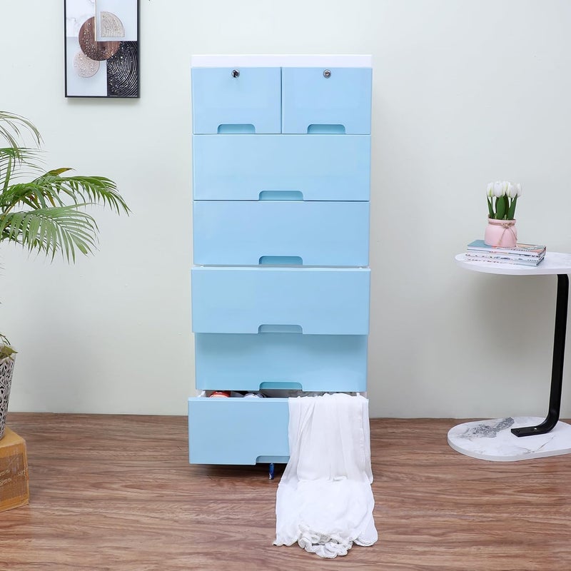The Tickle Toe Plastic Chest of Drawer For Kids With 7 DrawersMultipurpose Organizer For Boys In Blue ThemeDresser Storage For Small Clothing Toys With 2 LocksL51xW33xH121CmBlue glossy - Image 1