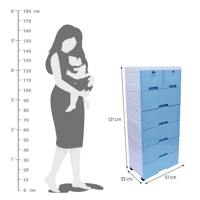 The Tickle Toe Plastic Chest of Drawer For Kids With 7 DrawersMultipurpose Organizer For Boys In Blue ThemeDresser Storage For Small Clothing Toys With 2 LocksL51xW33xH121CmBlue glossy - Image 2