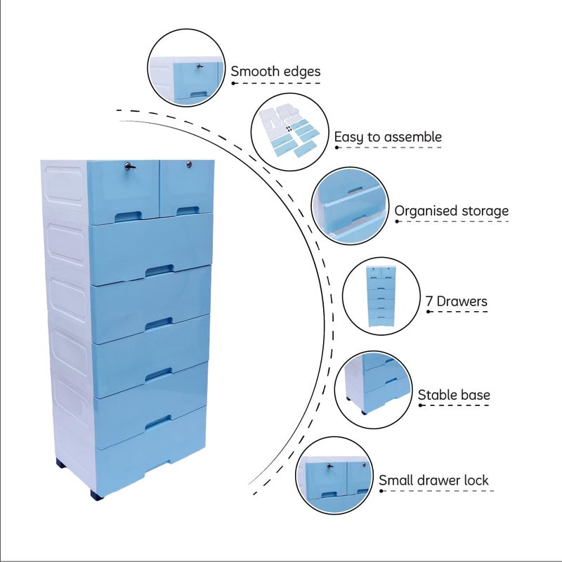 The Tickle Toe Plastic Chest of Drawer For Kids With 7 DrawersMultipurpose Organizer For Boys In Blue ThemeDresser Storage For Small Clothing Toys With 2 LocksL51xW33xH121CmBlue glossy - Image 3
