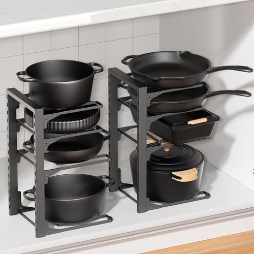 MUDEELA 2 Pack Pots and Pans Organizer under Cabinet, 4-Tier Heavy Duty Pan Organizers inside Cabinet Kitchen Storage, Adjustable Pot Rack Holds up to 44 LB Cast Iron Skillets Shallow Cookware - Image 1