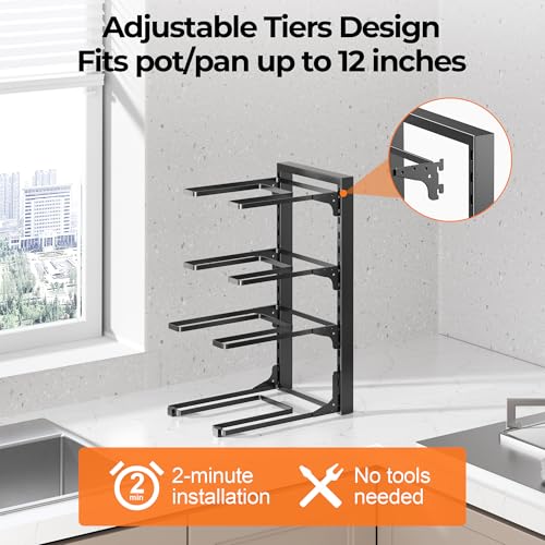 MUDEELA 2 Pack Pots and Pans Organizer under Cabinet, 4-Tier Heavy Duty Pan Organizers inside Cabinet Kitchen Storage, Adjustable Pot Rack Holds up to 44 LB Cast Iron Skillets Shallow Cookware - Image 4