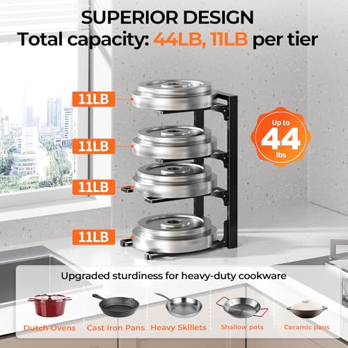 MUDEELA 2 Pack Pots and Pans Organizer under Cabinet, 4-Tier Heavy Duty Pan Organizers inside Cabinet Kitchen Storage, Adjustable Pot Rack Holds up to 44 LB Cast Iron Skillets Shallow Cookware - Image 3
