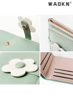 WAOKN Elegant Small Tri-fold Wallet for Women, PU Leather Print with Flower Pattern, Including Cash Pocket, Card Holder, Coin Purse and ID Window(Green)  - Image 3