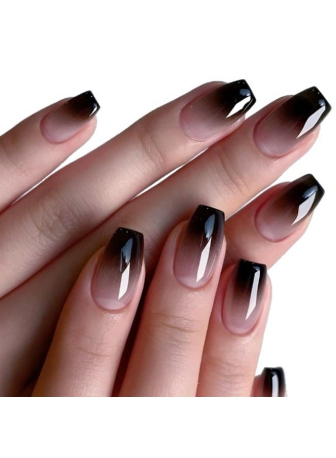 Orange Life Black Nude Gradient French Press On Nails | 24PCS Reusable ABS Material | Smooth Glossy Finish | Easy Apply No UV Lamp | Short Square Style | Waterproof Scratch Resistant | Natural Fit Lightweight Design | Long Lasting Shine for Party Wedding & Daily Use - Image 1