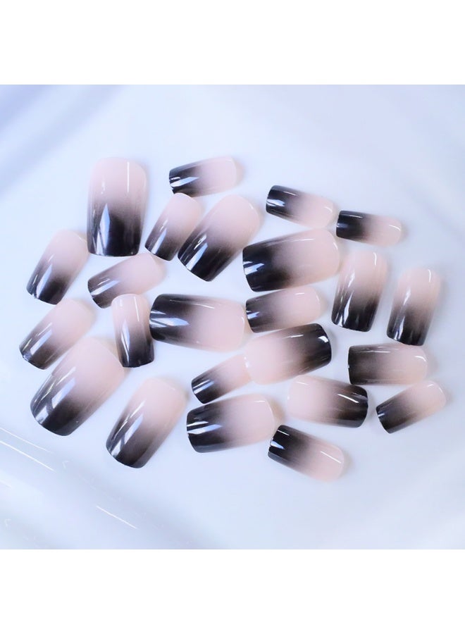 Orange Life Black Nude Gradient French Press On Nails | 24PCS Reusable ABS Material | Smooth Glossy Finish | Easy Apply No UV Lamp | Short Square Style | Waterproof Scratch Resistant | Natural Fit Lightweight Design | Long Lasting Shine for Party Wedding & Daily Use - Image 2