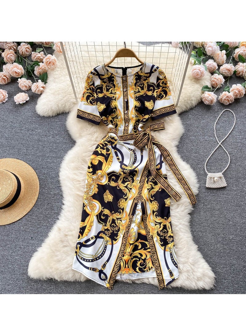 KUYING Fashionable Round Neck Long Sleeved Lace Up Waist Slimming and Hip Hugging Dress  - Image 1