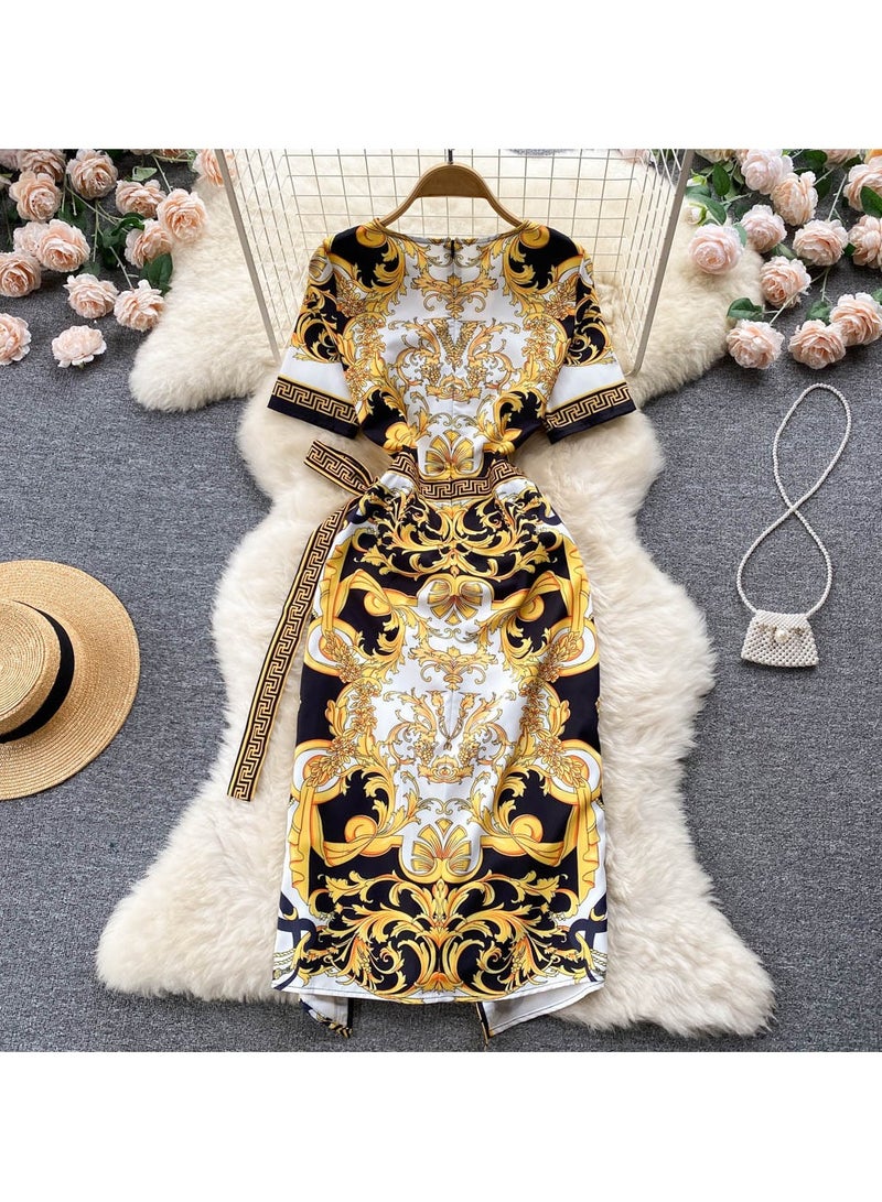 KUYING Fashionable Round Neck Long Sleeved Lace Up Waist Slimming and Hip Hugging Dress  - Image 2