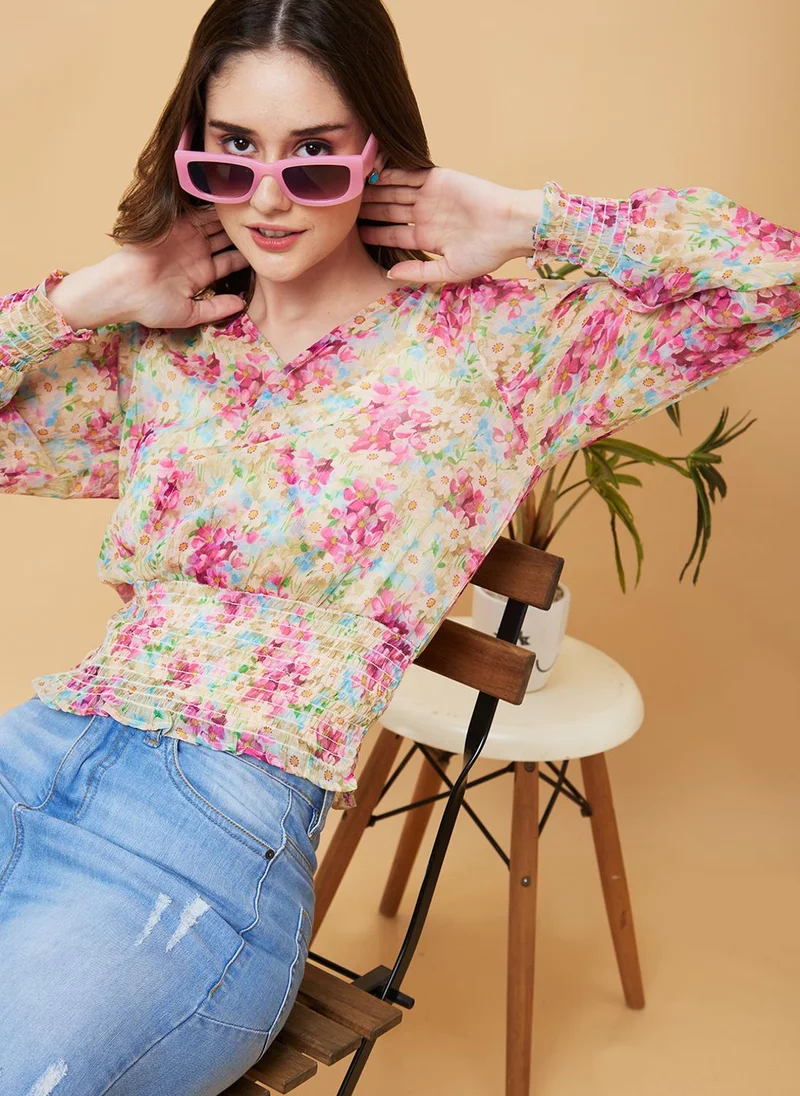 جلو باص بلوزة نسائية شيفون بطبعات زهور ملونة من جلوبس