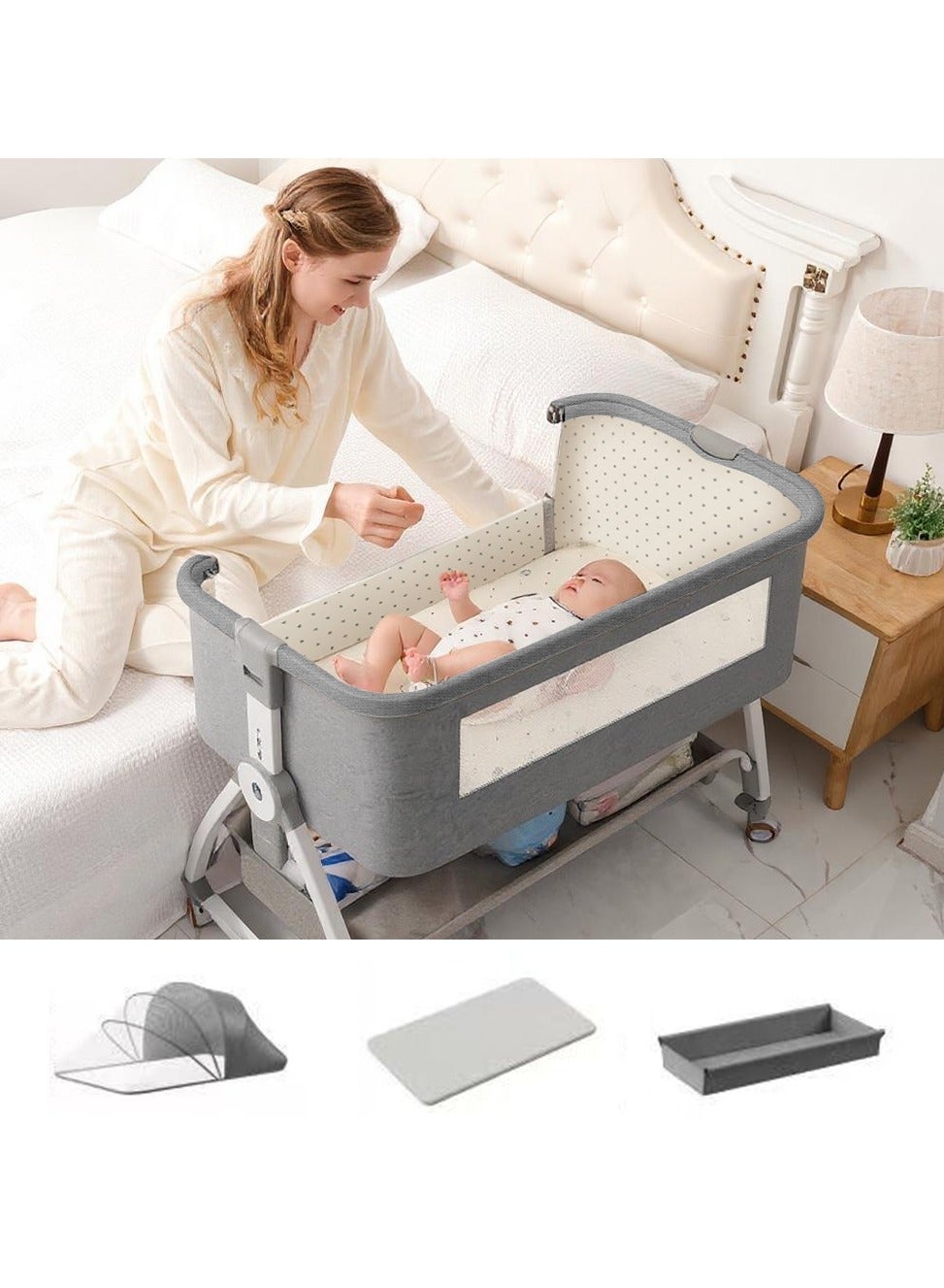 4 in 1 Baby Bassinet, Baby Cots, Bedside Crib with Removable Mosquito Net, 6 Height Adjustable, Rocking Mode, Storage Basket, Soft Mattress, Easy Assemble & Folding, Wheels, Ultra-Breathable & Washable for Infant/Newborn