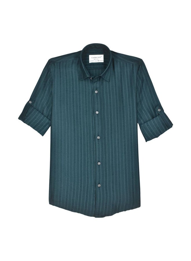 CHARCHIT Boys Comfort Casual Shirt - Turquoise Blue Textured Self Design - Image 4