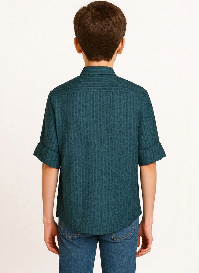 CHARCHIT Boys Comfort Casual Shirt - Turquoise Blue Textured Self Design - Image 2