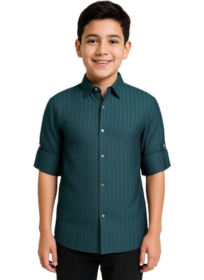 CHARCHIT Boys Comfort Casual Shirt - Turquoise Blue Textured Self Design - Image 1