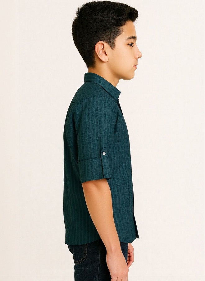 CHARCHIT Boys Comfort Casual Shirt - Turquoise Blue Textured Self Design - Image 3
