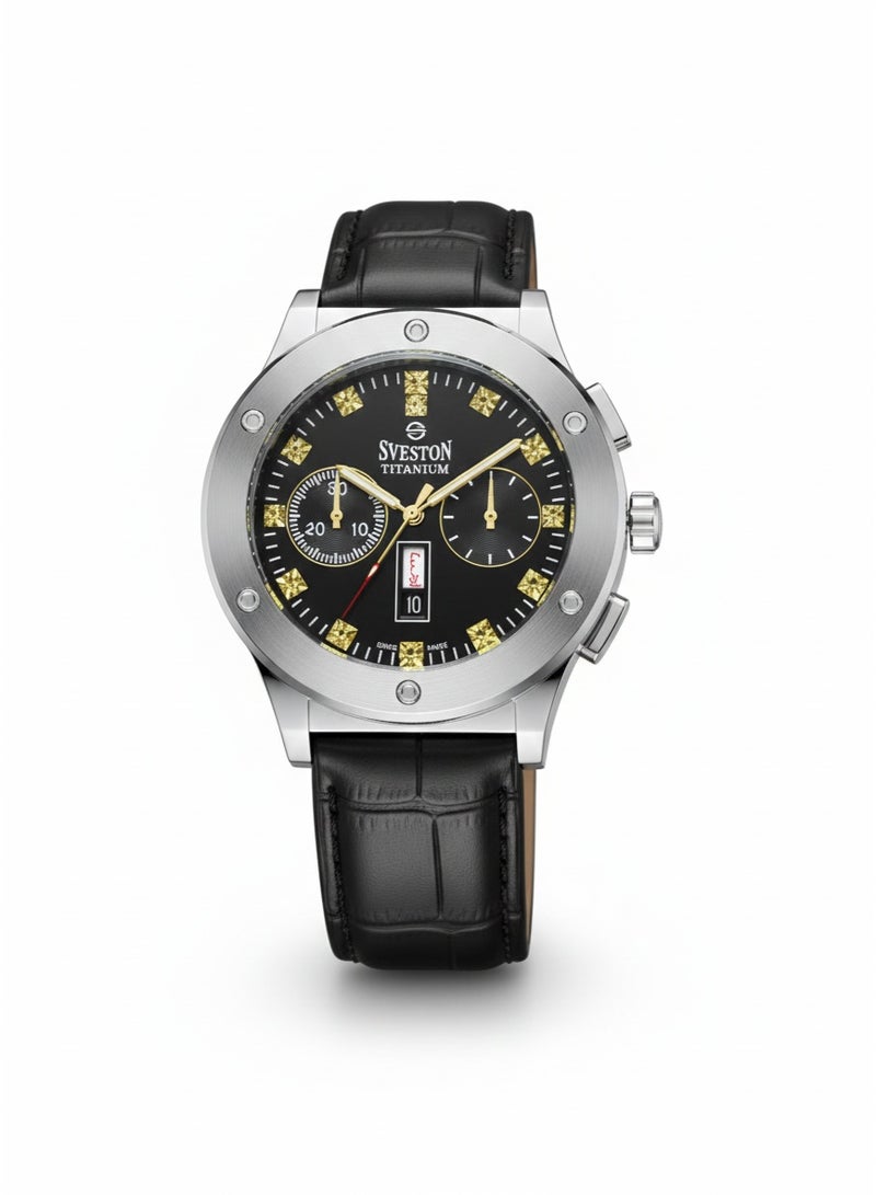 Sveston Titanium Luxury Men’s Watch | Genuine Black Leather Strap | Black Dial with Crystal Hour Markers & Chronograph Display | Premium Quartz Timepiece