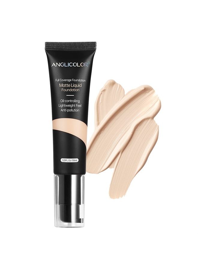 Anglicolor فوندشن كونسيلر مات للتحكم في الزيت، فوندشن خالي من العيوب، فوندشن ناعم وطويل الأمد، مكياج فوندشن مقاوم للماء، مكياج وجه بتغطية كاملة، فوندشن كونسيلر قوي للبشرة الدهنية المعرضة لحب الشباب، 1 أونصة سائلة (#101 بورسلين) - Image 1