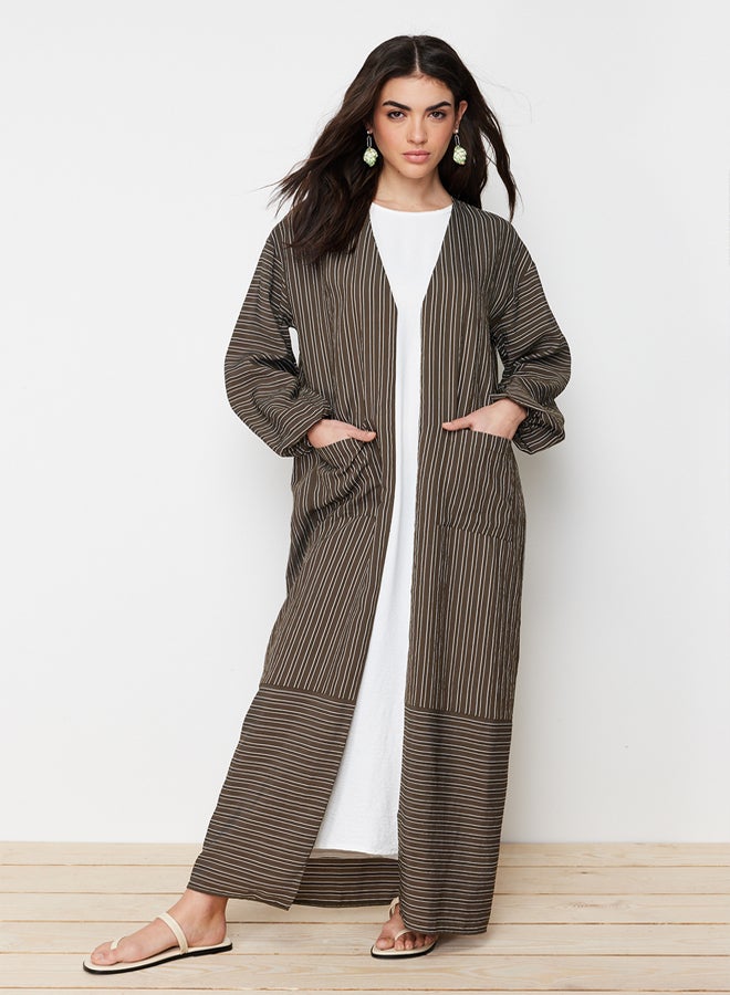 trendyol Khaki Long Linen Look Striped Woven Cape & Abaya & Abaya TCTSS24KF00003 - Image 3