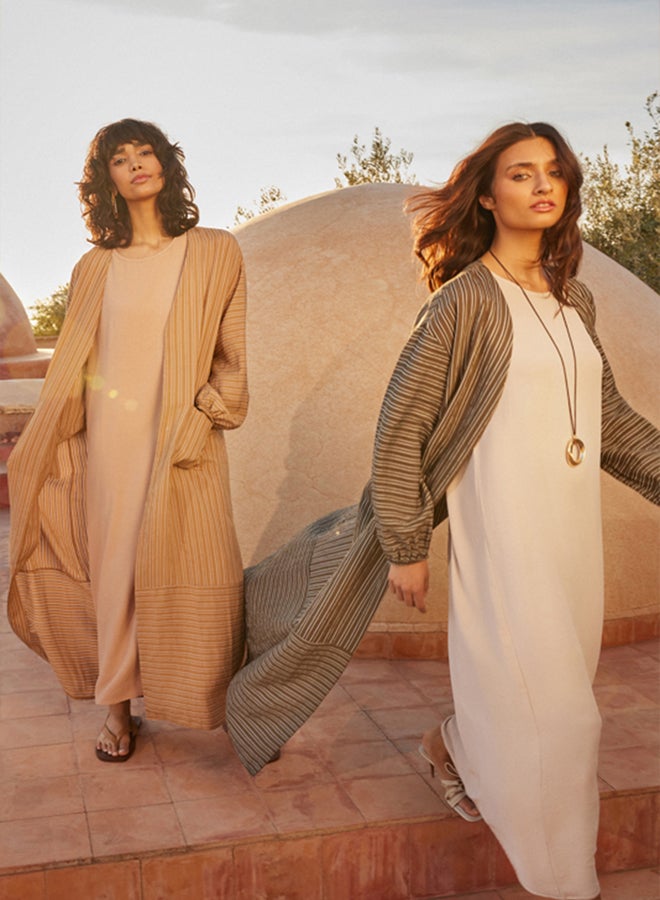 trendyol Khaki Long Linen Look Striped Woven Cape & Abaya & Abaya TCTSS24KF00003 - Image 2