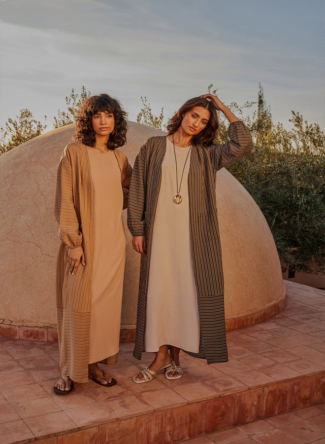 trendyol Khaki Long Linen Look Striped Woven Cape & Abaya & Abaya TCTSS24KF00003 - Image 1