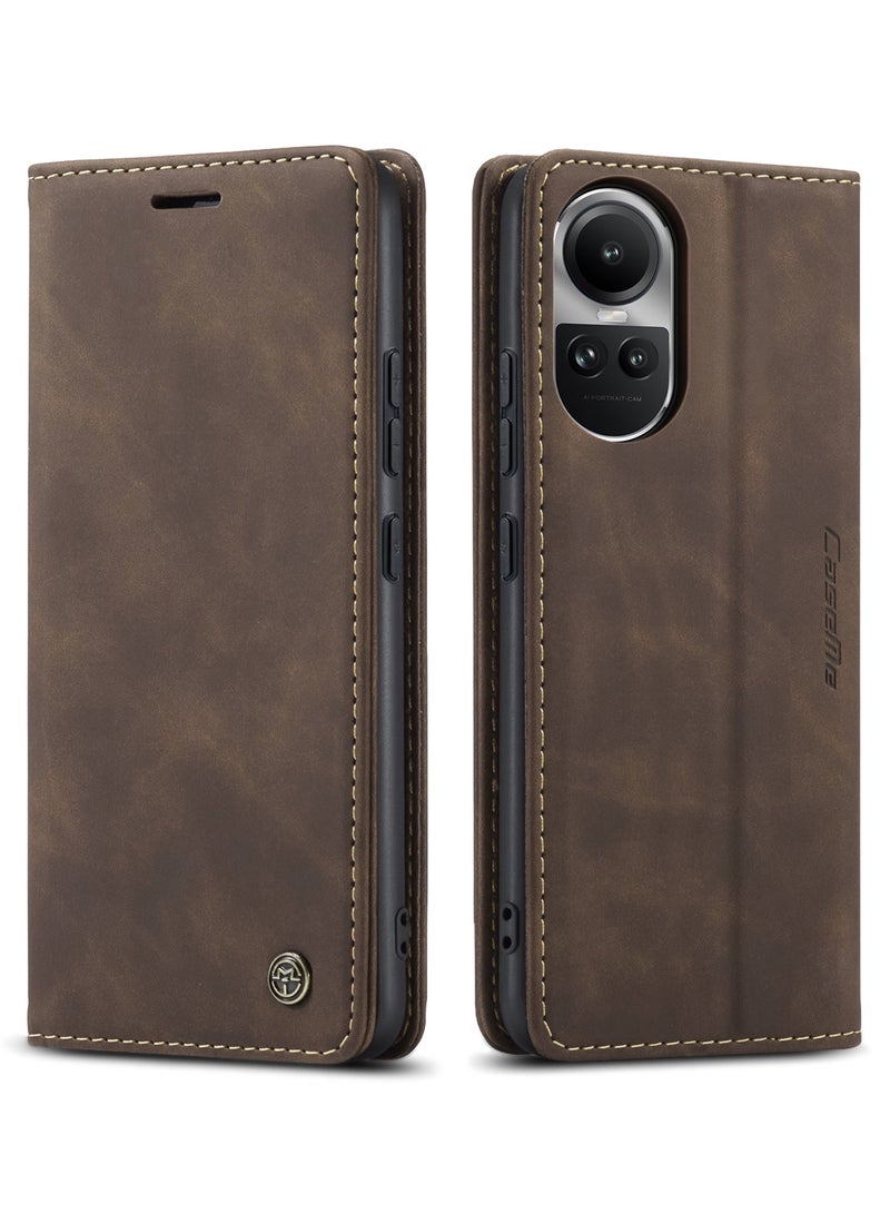 كيس مي جراب جلدي جراب حماية قابل للطي مع مسند مغناطيسي وفتحات للبطاقات اوبو رينو 10 فايف جي - كافيه - Image 2