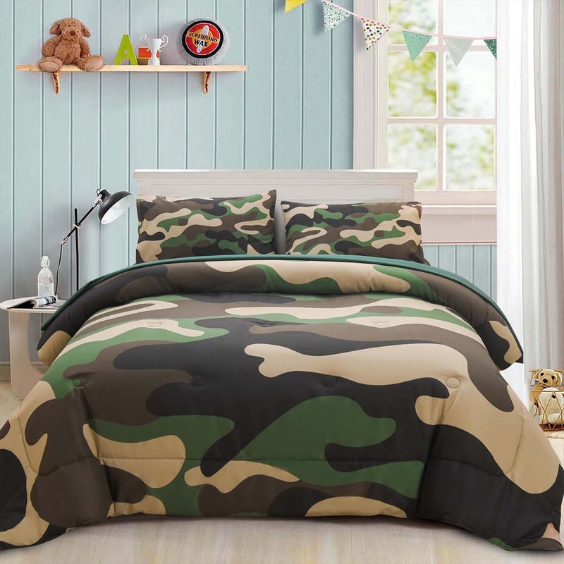 Holawakaka Twin Size Camouflage Bedding Comforter Set with Sheets, Boys Girls Men Camo Bed in A Bag 5 Pieces,Kids Teens Dorm Bed Sets Neutral Farmhouse Lodge Cabin Army Bedspread (Army Green, Twin) - Image 1