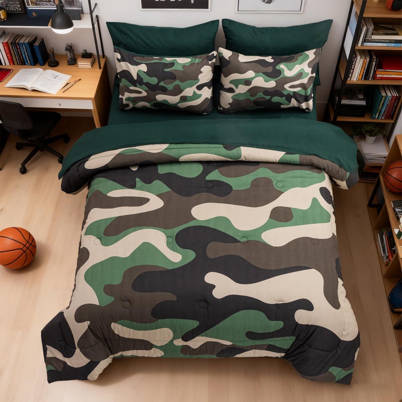 Holawakaka Twin Size Camouflage Bedding Comforter Set with Sheets, Boys Girls Men Camo Bed in A Bag 5 Pieces,Kids Teens Dorm Bed Sets Neutral Farmhouse Lodge Cabin Army Bedspread (Army Green, Twin) - Image 2