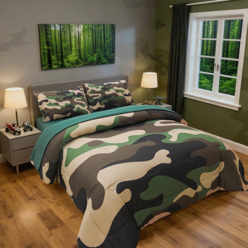 Holawakaka Twin Size Camouflage Bedding Comforter Set with Sheets, Boys Girls Men Camo Bed in A Bag 5 Pieces,Kids Teens Dorm Bed Sets Neutral Farmhouse Lodge Cabin Army Bedspread (Army Green, Twin) - Image 4