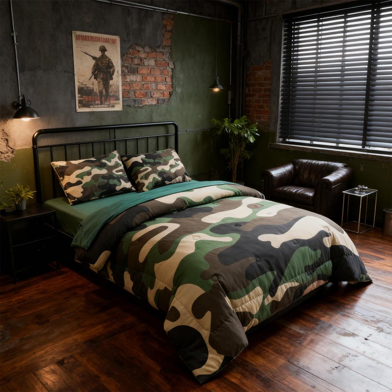 Holawakaka Twin Size Camouflage Bedding Comforter Set with Sheets, Boys Girls Men Camo Bed in A Bag 5 Pieces,Kids Teens Dorm Bed Sets Neutral Farmhouse Lodge Cabin Army Bedspread (Army Green, Twin) - Image 3