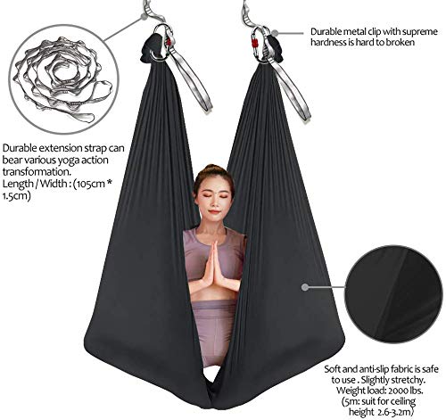 SYCYKA Aerial Yoga Hammock L:5M W:2.8M Aerial Pilates Silk Yoga Swing Set with 2000 Ibs Load Include Daisy Chain, Pose Guide - Image 3
