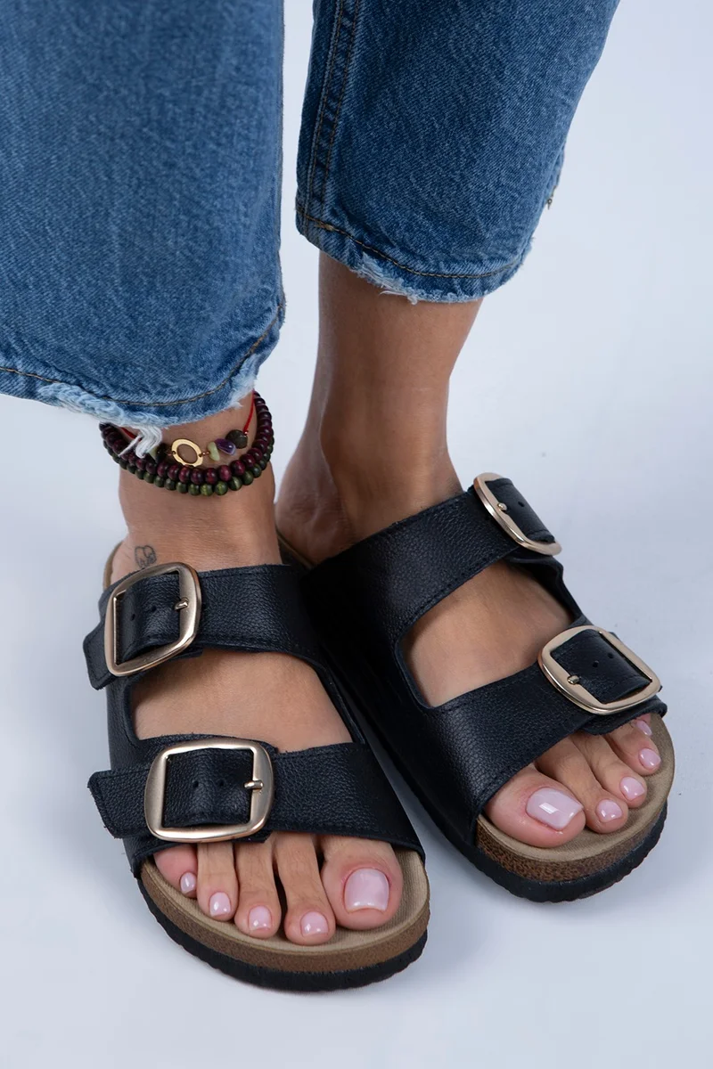 Manijero Manjero Irene Women's Leather Double Buckle Black Leather - Gold Slippers