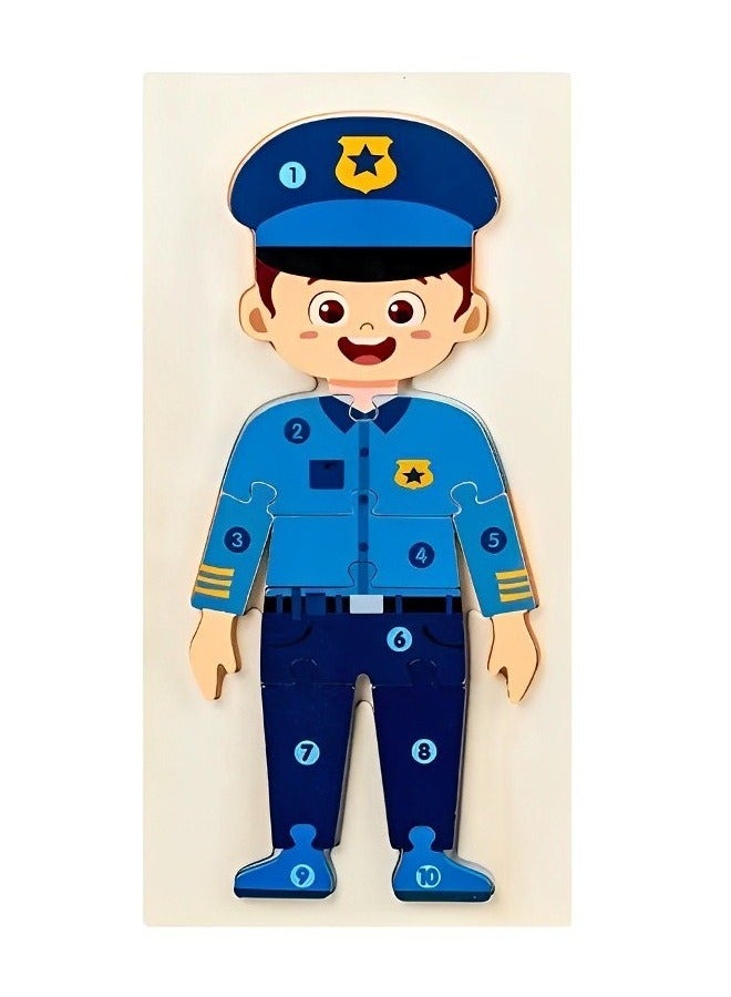 ألغاز خشبية ثلاثية الأبعاد مصممة للإدراك المهني للأطفال، أدوات دعم التدريس للآباء والمعلمين، ألوان وأنماط جذابة، ألعاب تنمية المهارات الحركية من مونتيسوري، هدايا رائعة للأطفال (شكل رجل الشرطة) - Image 1