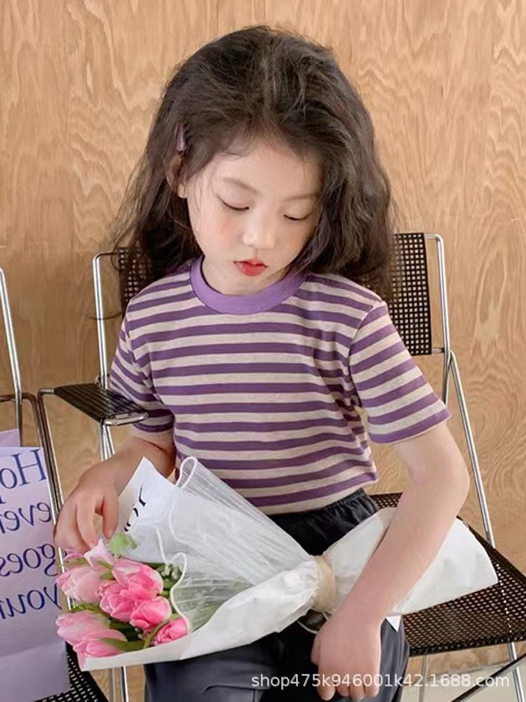 Shrimp Children'S Striped Short-Sleeved T-Shirt Cartoon Summer Girl'S Thin Top Half-Sleeved T-Shirt For Small And Medium-Sized Children - Image 1