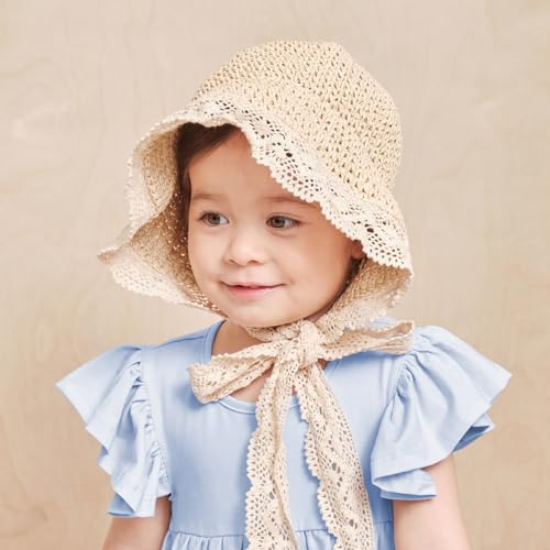 pureborn Baby Girl's Straw Hat Wide Brim Sun Protection Hat Summer Beach Hat with Chin Strap for Infant Girl 6-24 Months Beige - Image 3