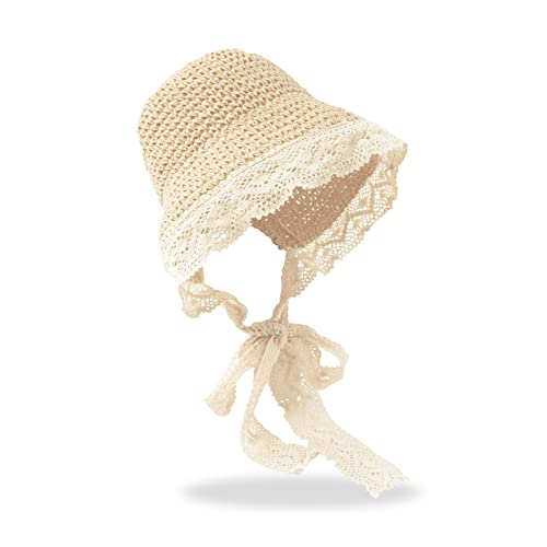 pureborn Baby Girl's Straw Hat Wide Brim Sun Protection Hat Summer Beach Hat with Chin Strap for Infant Girl 6-24 Months Beige - Image 1