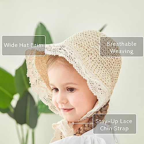 pureborn Baby Girl's Straw Hat Wide Brim Sun Protection Hat Summer Beach Hat with Chin Strap for Infant Girl 6-24 Months Beige - Image 2